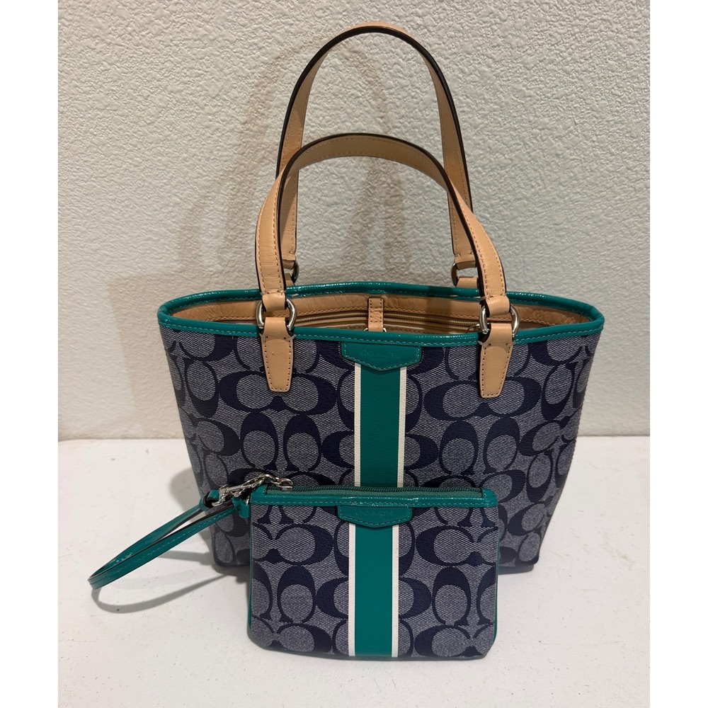 Coach Signature Heritage Stripe Tote Bag and Wristlet Set Navy Teal Monogram